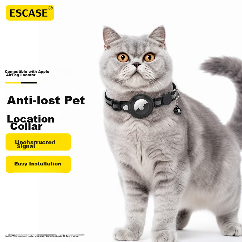 ESCASE Pet Collar Compatible with Apple AirTag, Anti-Lost Neck Collar for Cats, Reflective Bell Collar for First And Second Generation Apple Tags, Black