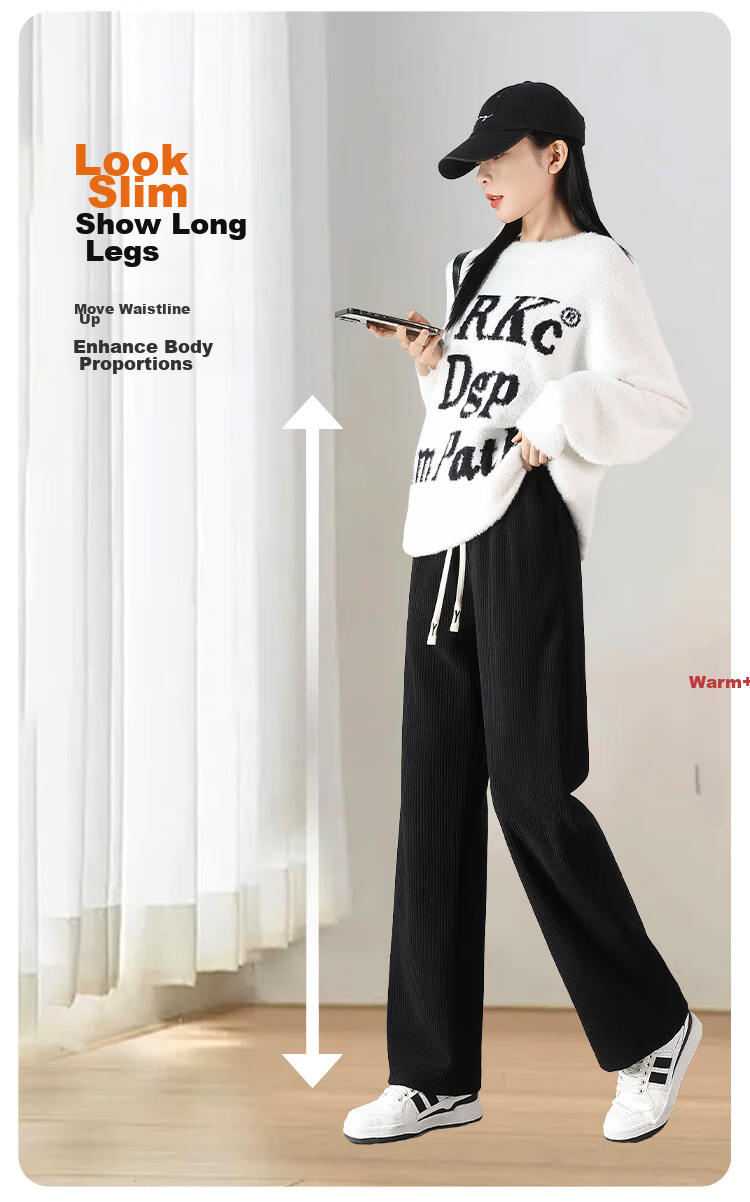 FitonTon Corduroy Wide-Leg Pants for Women, Spring And Autumn 2026, High-Waisted Slimming Draping Loose Straight-Leg Casual Ladies Trousers 8