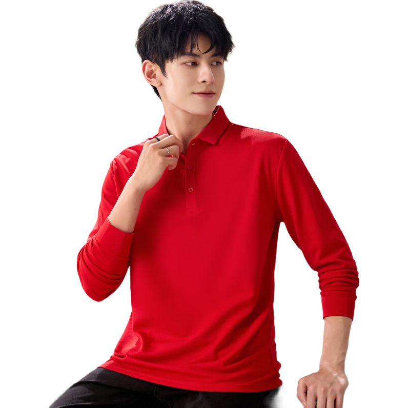 Jeanswest Men's Long Sleeve Polo Shirt 2026 Spring Red Casual Base T-Shirt Qi Ji Red 4XL