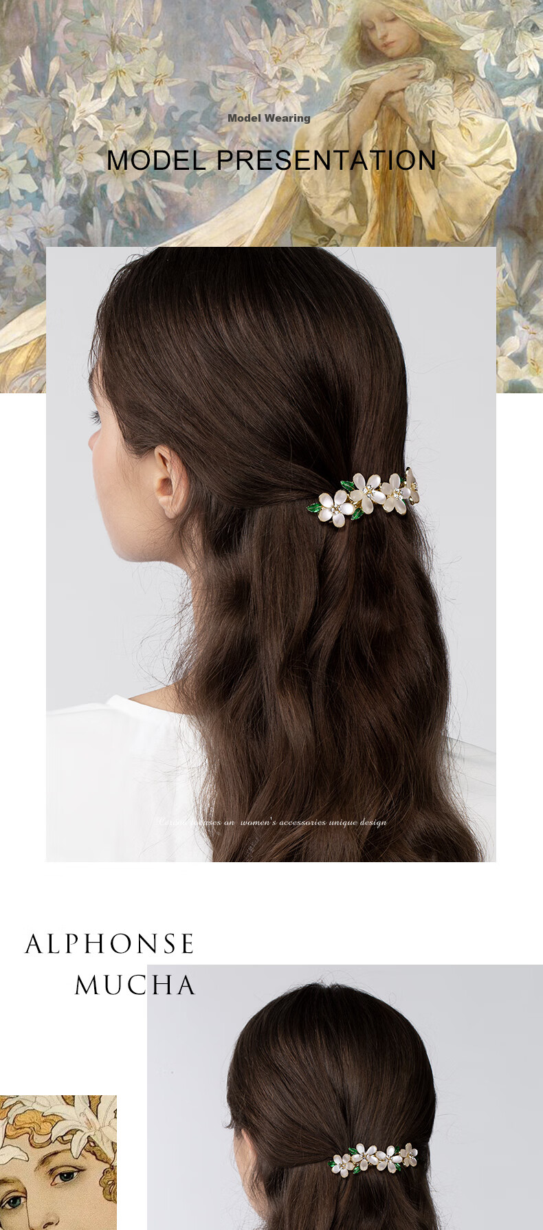 Cercoo Mary Lily Series Flower Hair Clip, Luxury Horizontal Hair Clip, Barrette, Hair Accessory, Gift for Girlfriend 4