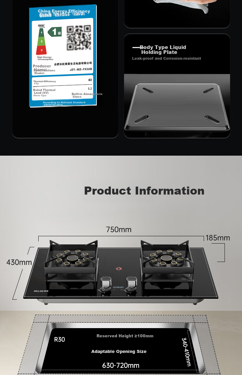 MeiLing Upgraded 70% High Efficiency Gas Stove Natural Gas Built-in Desktop 5.2kW Powerful Flame Dual Burner Gas Cooktop 515KL 16