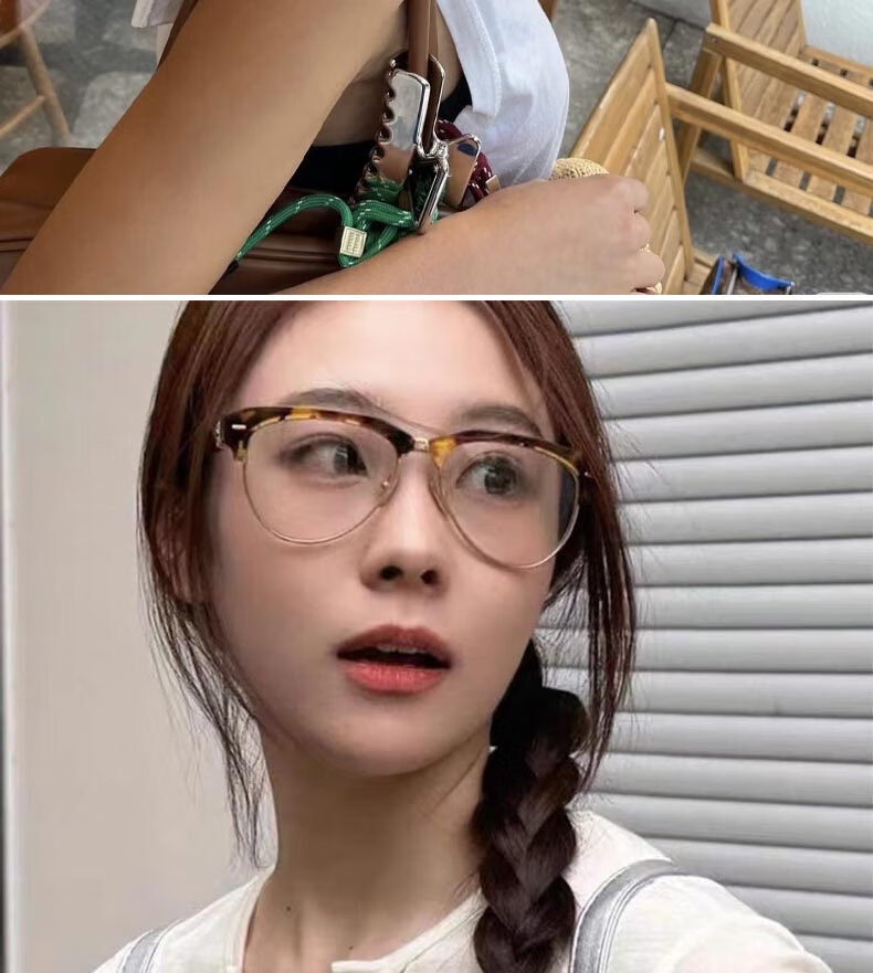 Boshide Myopia Glasses, Anti-Blue Light Glasses, Korean Retro Semi-Rimless Cat Eye Plain Lens Glasses, Douhua Frame 100 Degrees 4
