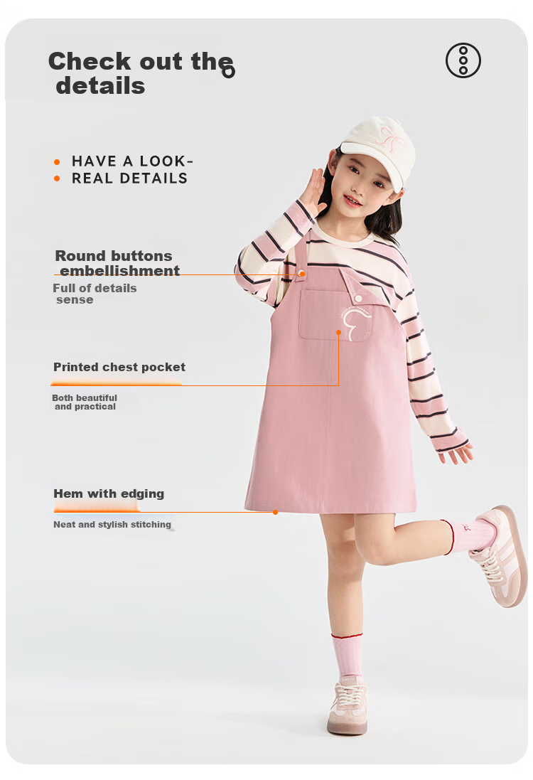 QQ DUCK Children's Clothing, Girls' Dress, Autumn 2026, Striped Suspender Dress with Fake Two-Piece Design, Stylish Student Outfit, Pink, Size 130 6