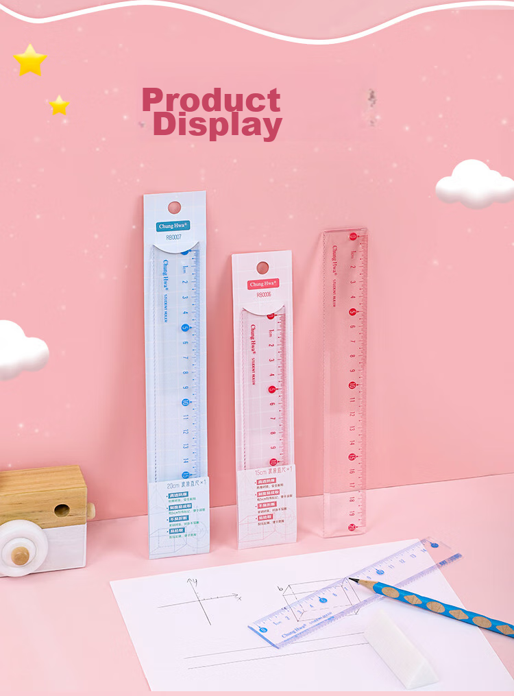 Zhonghua (Chung Hwa) Explosion-Proof, Wear-Resistant, High-Precision Plastic Straight Ruler, 20cm Multiple Sizes, Student Ruler for Drawing And Measurement, Scribing Ruler, Wave Straight Ruler, High Transparency Acrylic, RB0007 Pink 11