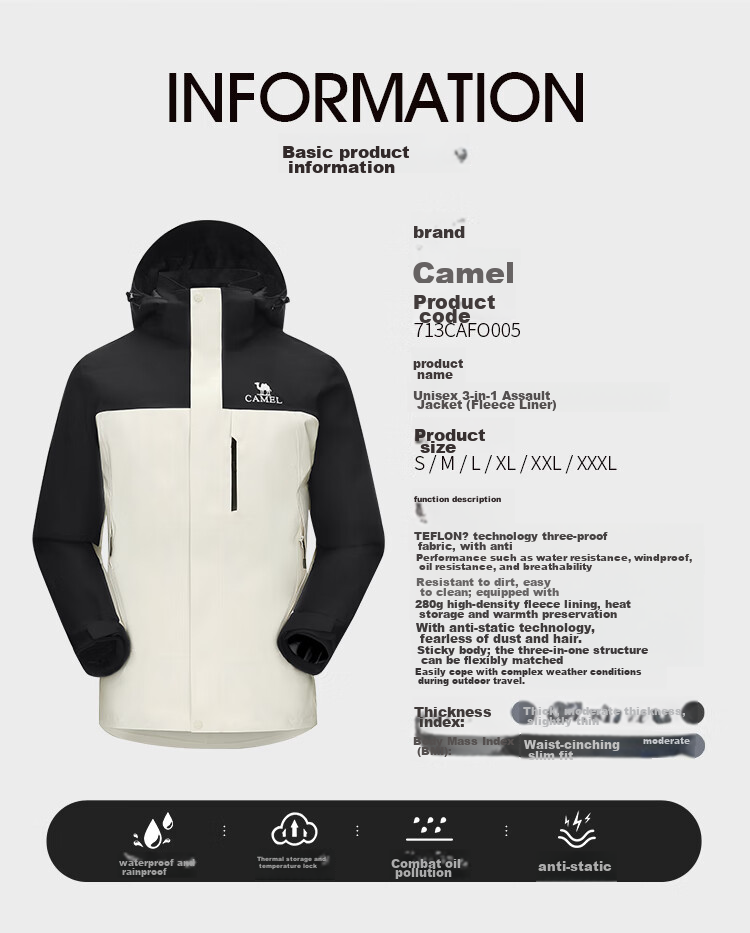 CAMEL Outdoor Triple-Protection Windbreaker, Unisex Three-In Detachable Two-Piece Set, Mountaineering Jacket 14