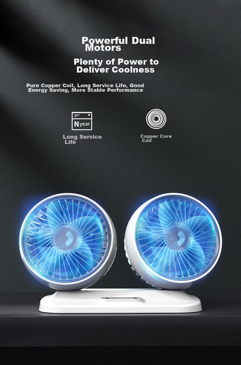 Dijialun Car Fan, 24V for Trucks, 12V Cooling, Small Bread Car, USB Interface, Powerful Dual-Head Electric Fa 13