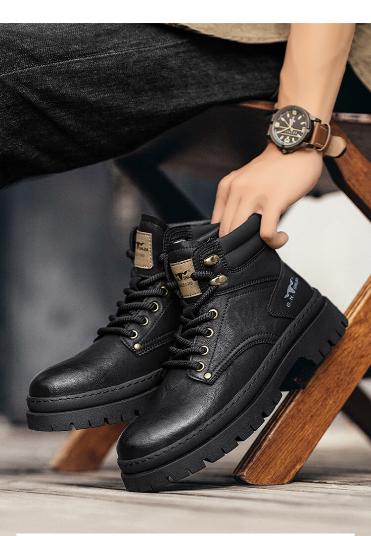 Bull Family Men's Autumn Winter Martin Boots Trendy Versatile Work Shoes Retro Durable Leather Boots for Men 19