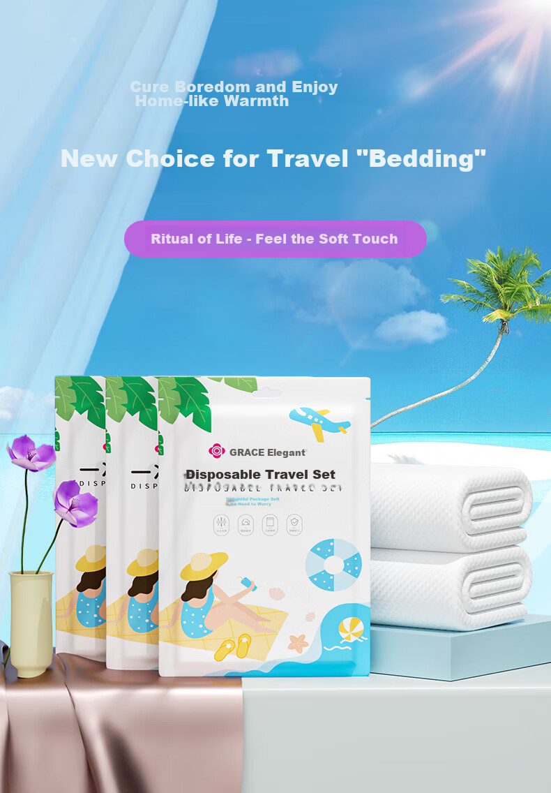 Grace Disposable Four-Piece Travel Bedding Set: Bed Sheet, Duvet Cover, Pillowcases, SMS Thickened Sterilized Bedding for Hotel Use, Hygienic Double Bed 1