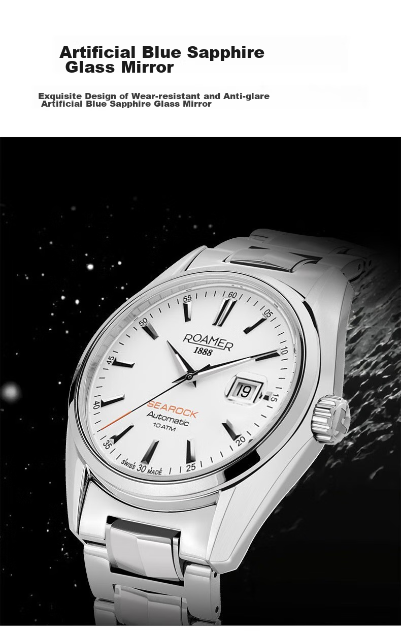 ROAMER Swiss Imported Fully Automatic Mechanical Watch, Tungsten Steel Wristwatch for Men, 100-Meter Water Resistance, Men's Watch with Black Dial 12