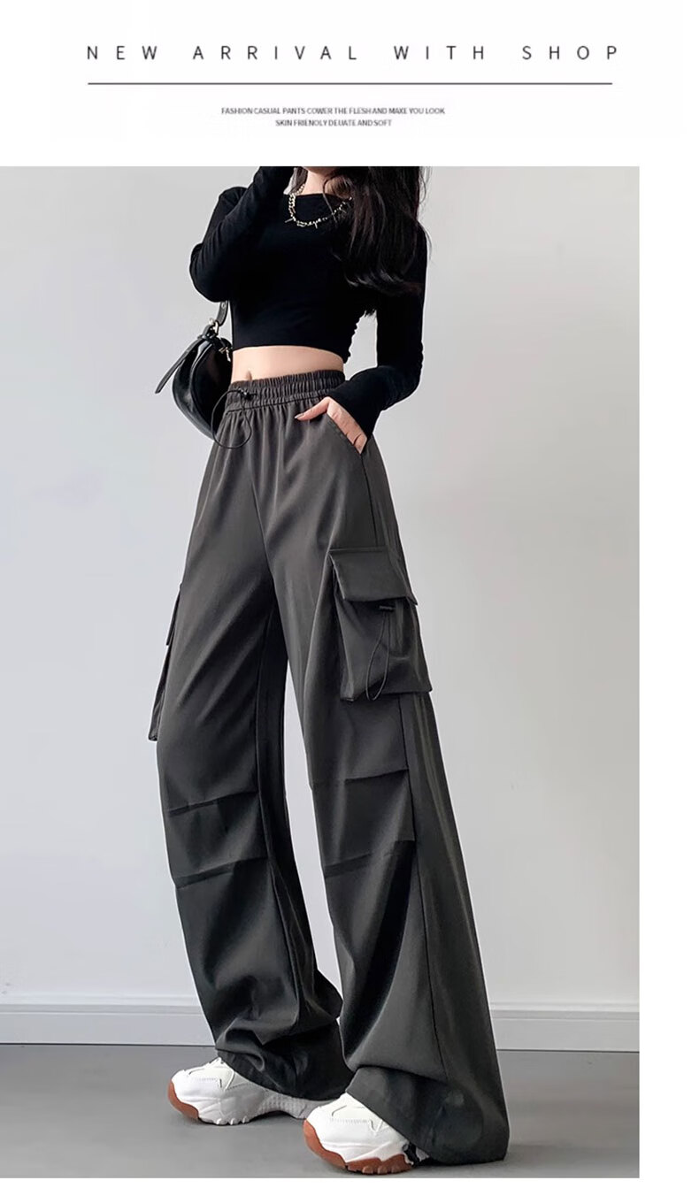 LangSha American-Style Parachute Cargo Pants for Women, Summer Ice Silk High-Waist Wide-Leg Loose Casual Quick-Dry Outdoor Sports Pants for Wome 34