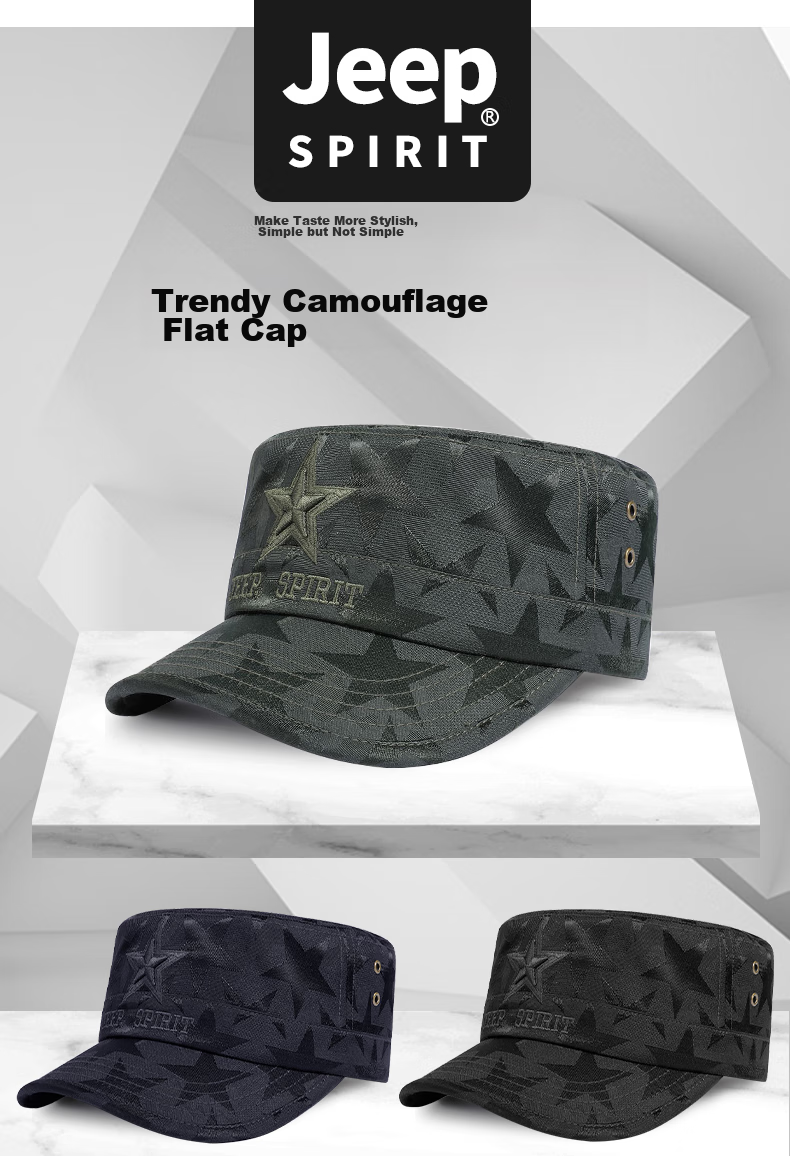 JEEP Men's Baseball Cap Four-Season Versatile Duckbill Casual Outdoor Flat Top Hat A0160 Dark Blue 2