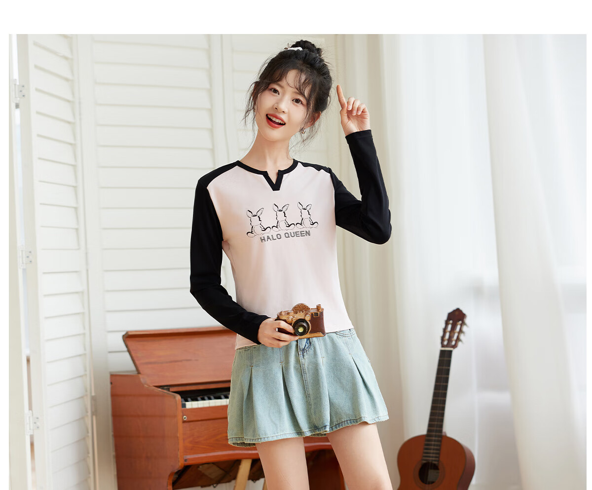 Halo Queen Long-Sleeve T-Shirt for Women, Wilderness Maillard Style Spring And Autumn Raglan Sleeve Rabbit Base Shirt Casual New Product H143T2017 51