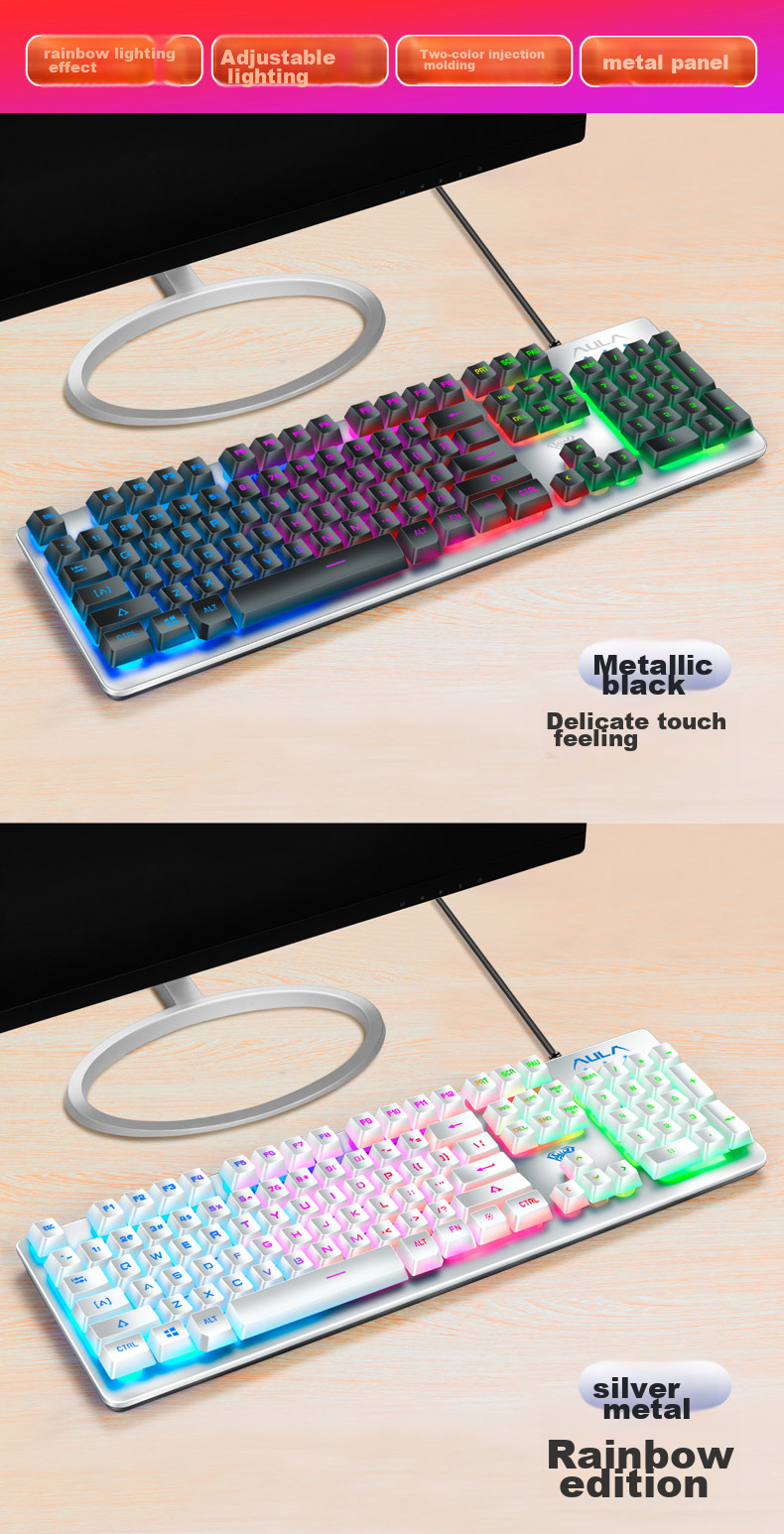 AULA T101 Mechanical Feel Keyboard And Mouse Set, Wired 104-Key Keyboard And Mouse Combo, Gaming And Office Computer Keyboard Mixed Light Eating Chicken Set, Metal Panel Silver White 11