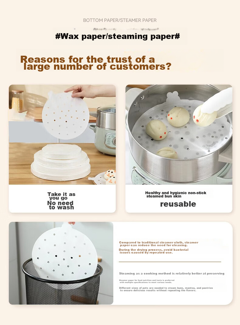 Jiamo Disposable Steamer Cloth, Silicone Oil Non-Stick Paper, for Steamed Buns And Cakes, Baking Liner, Diameter 24cm, 100 Sheets of Steamer Oil Paper 3