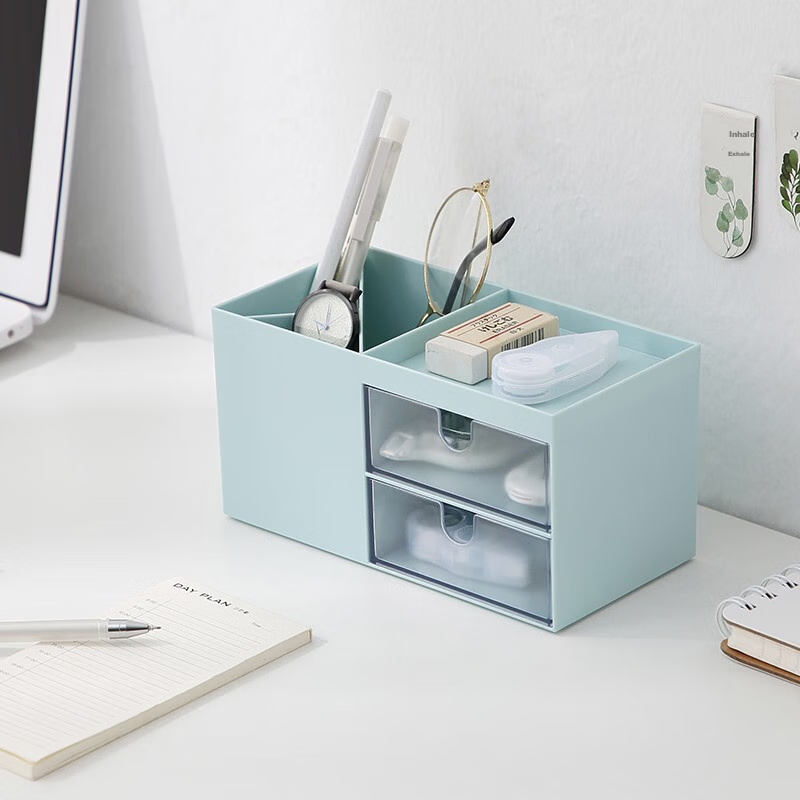 Jindeli Simple Desktop Pen Holder Storage Box, Multifunctional High-Value Light Luxury Drawer, Office Desk Stationery Dormitory Office Supplies Organizer, Large Capacity Blue SN132