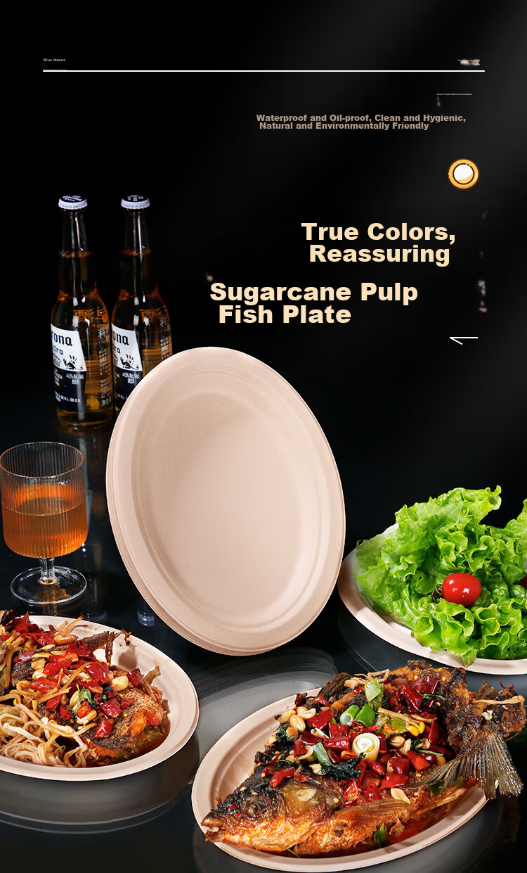 LANZIRAN Disposable Tableware Plates, Large Fish Plates, 20 Pieces, Sugarcane Pulp Paper, Biodegradable, for Group Dining, Barbecue, Picnic, Camping Plates 1