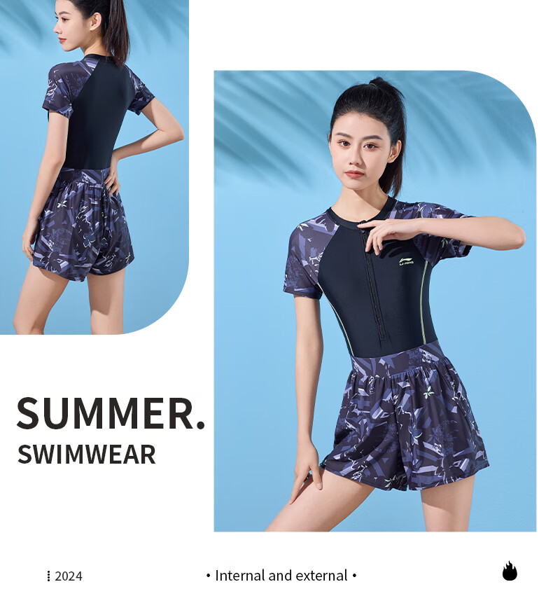 Li-Ning Women's Swimsuit, Fashionable One-Piece Boyleg Casual High-Waist Slimming High-Elastic Breathable Hot Spring Swimwear, 501 Black Floral Pattern, Size L 18
