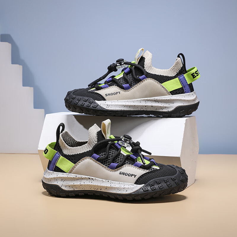 SNOOPY Children's Sports Shoes, Kids' Sneakers with Mesh Upper, Durable Outdoor Shoes, Breathable Casual Shoes for Boys And Girls, 0210 Black And Green, Size 33