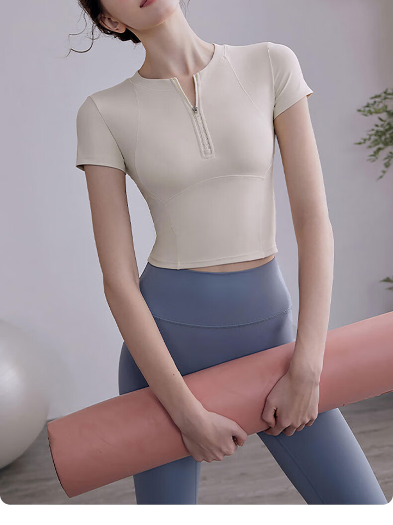 XUEXIMAN Yoga Top for Women with Chest Pads, Half-Zip Sports Quick-Dry T-Shirt Short Sleeve Professional Running Fitness Wear Summer 7