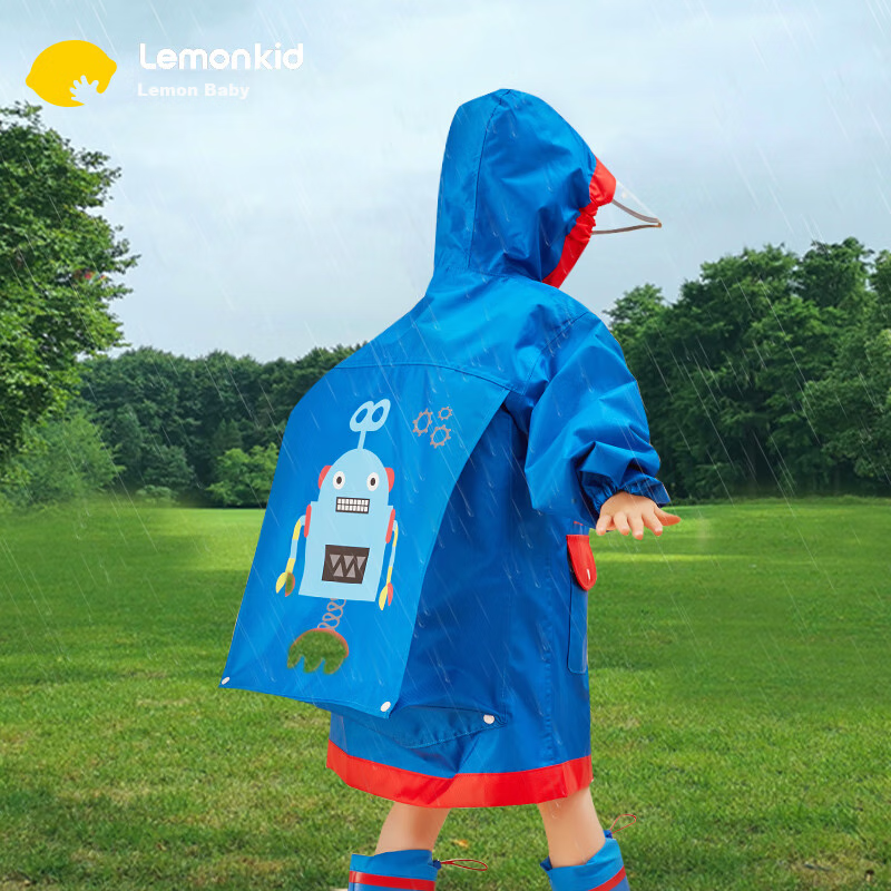 Lemonkid Children's Raincoat for Boys And Girls, Elementary School Students' Rain Poncho with Backpack Space for School, Blue Robot Design, XXL Size
