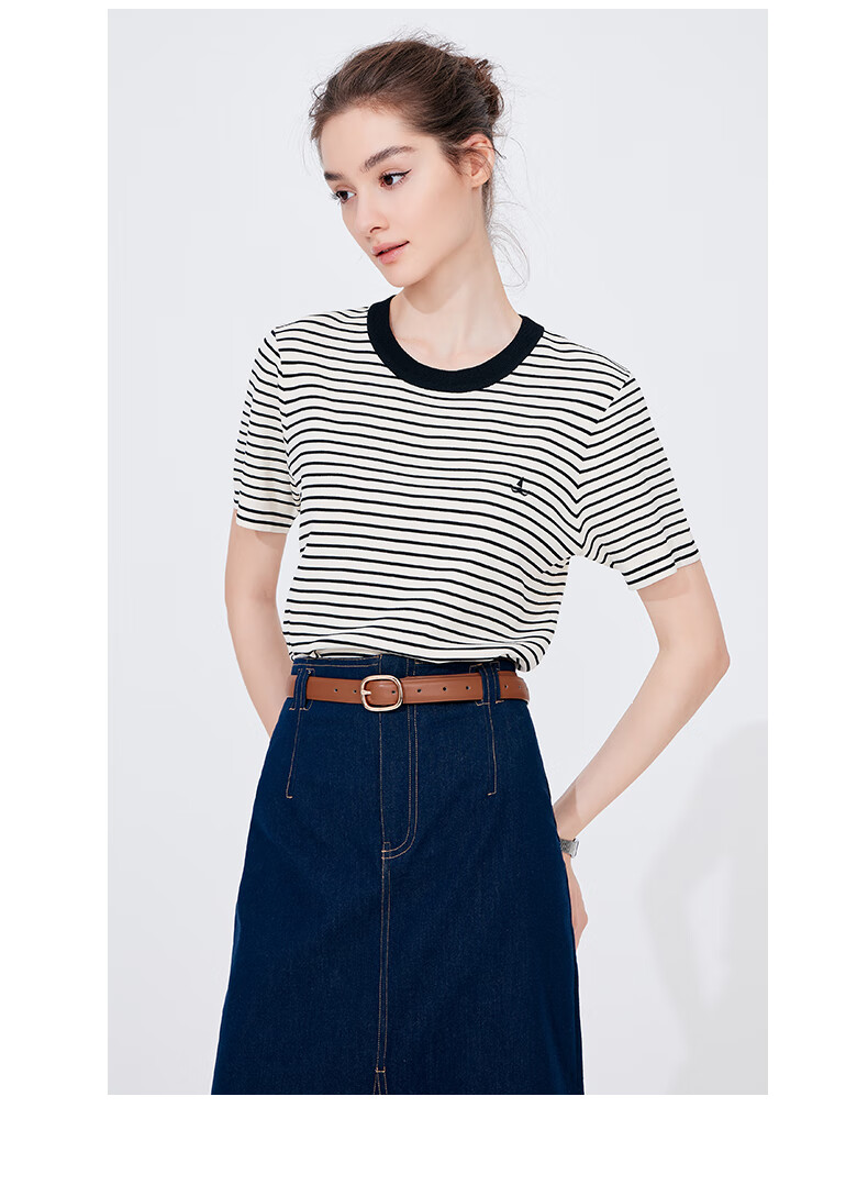 Navigare Women's Sailor Style Striped Short Sleeve Round Neck Knit Sweater 2324504501 2