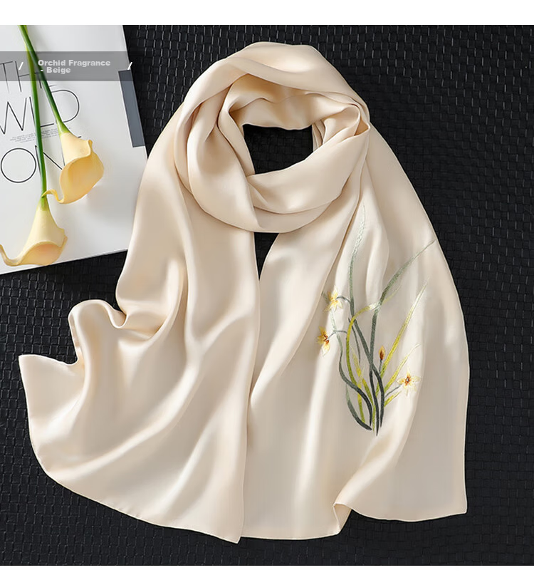 Shanghaigushi Silk Scarf for Women, Double-Layer Embroidery, 100% Mulberry Silk, Gift Box for Mom on Mid-Autumn Festival, Birthday Present, Purple And White 39
