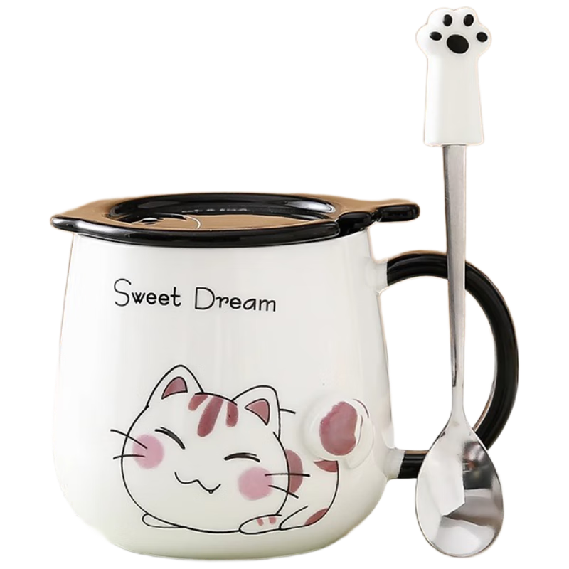 PINYU Mug, Coffee Cup, Ceramic Cup, Aesthetically Pleasing Water Cup, Mid-Autumn Festival Gift with Lid And Spoon, Brewing Cup, Pink Cat Desig