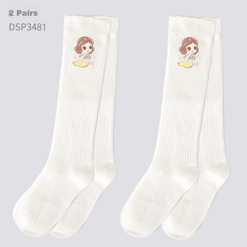 Dishini Children's Socks, Summer Long Socks for Girls, Cotton High Socks, DSP3484 White+White, Size 14-16