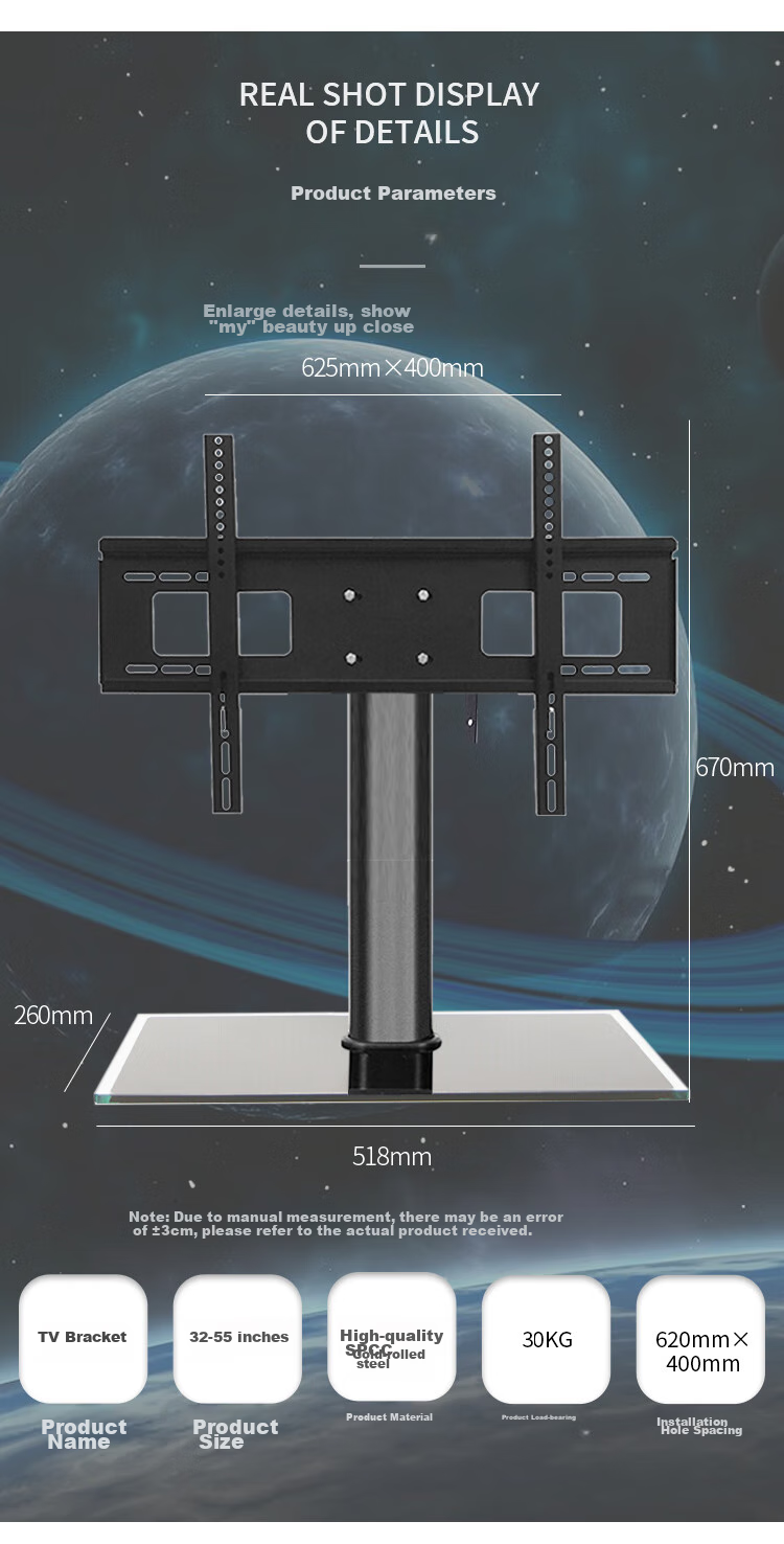 Jinying TV Stand (32-65 Inches), Wall Mount Bracket, No Drilling Required, Desktop TV Mount, Compatible with All Brands 7