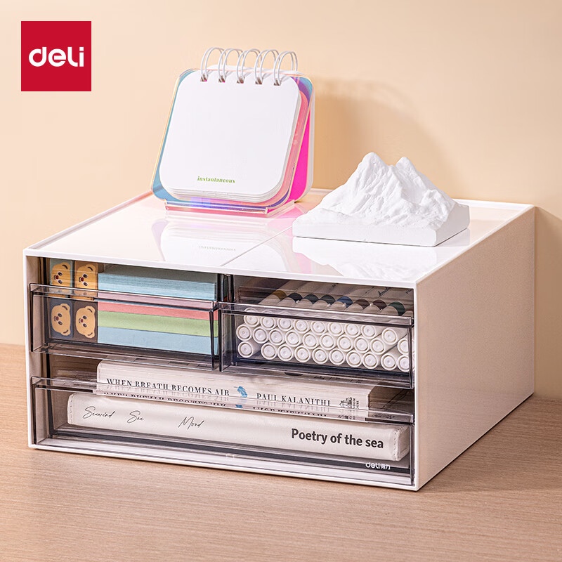 Deli Three-Compartment Desktop Storage Box, Drawer-Style Office Organizer, Multi-Layer Stackable Storage Container, Dorm Room Cosmetics Jewelry Miscellaneous Items Dustproof Organizer Box, White A5 Size PK122