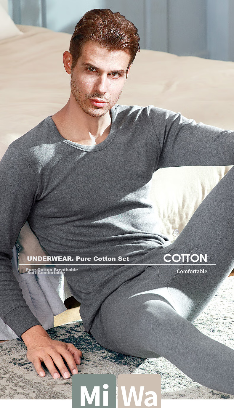 LangSha Autumn Underwear Set for Men, Pure Cotton Antibacterial Thin Style Round Neck Thermal Underwear Set for Young Men, Winter Seaso 1