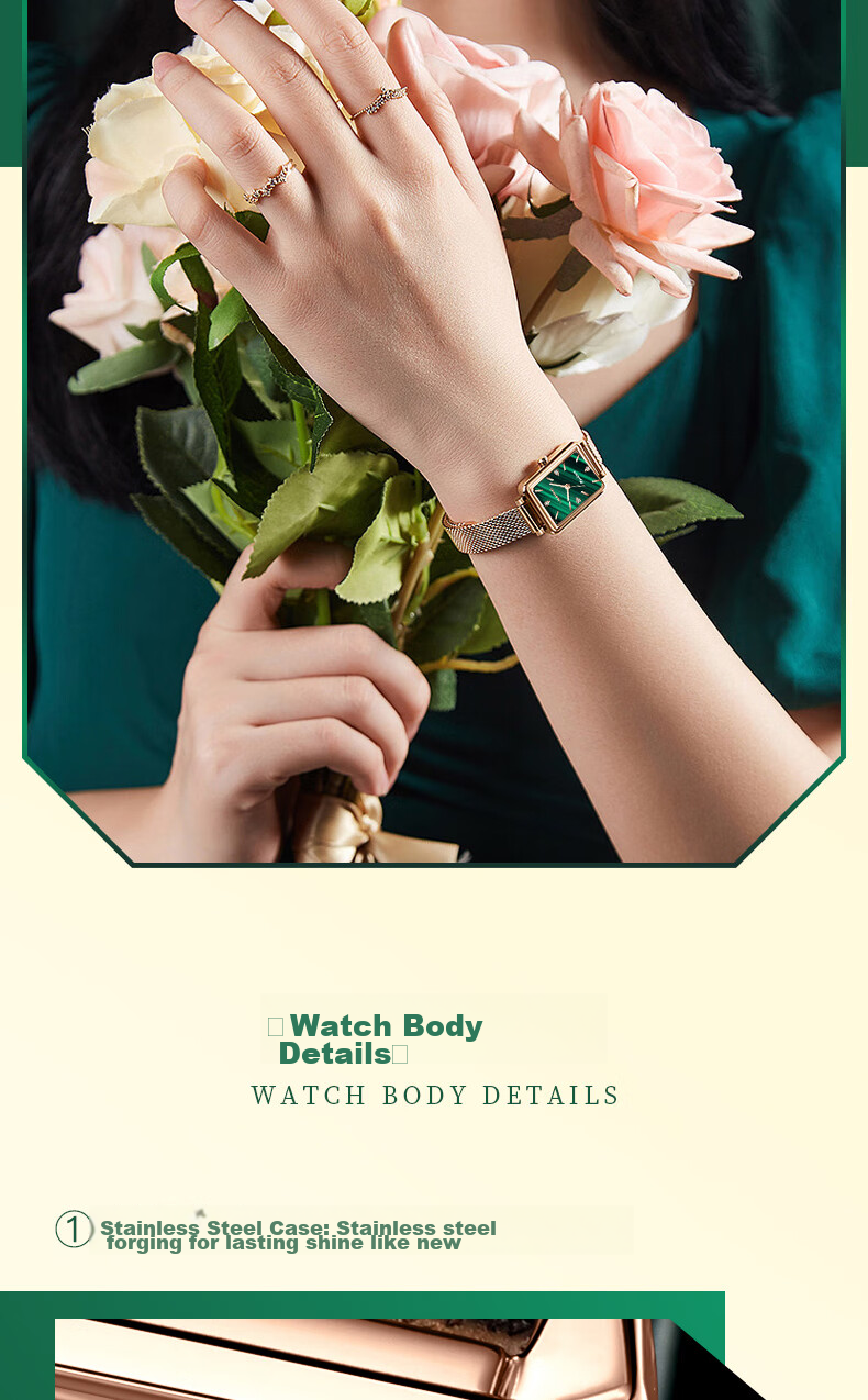 ROMITIME Women's Quartz Watch, Fashionable Elegant Light Luxury Retro Small Green Square Watch, Versatile Student Trendy Wristwatch 9