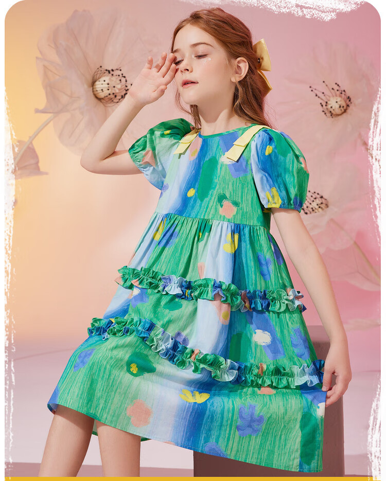 ASK JUNIOR Pure Cotton Girls' Dress, Summer Thin Style, Children's Tie-Dye All-Over Print Indian Princess Dress, Size 160 2