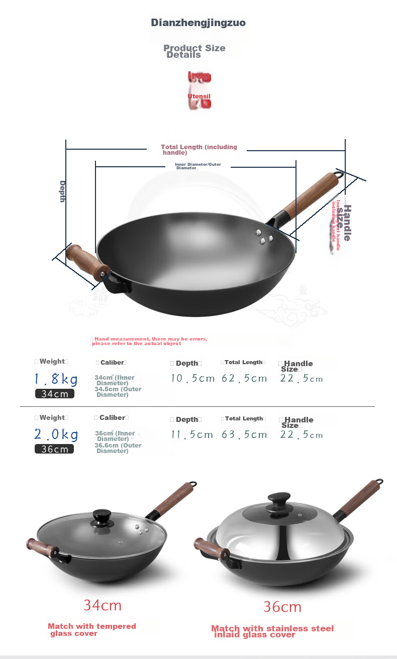 Dianjiang Uncoated Cast Iron Wok for Home Use, Enlarged Deep Round Bottom Iron Frying Pan, Non-Stick Gas Stove Pan, 34cm Single Handle Stir-Fry Pa 2