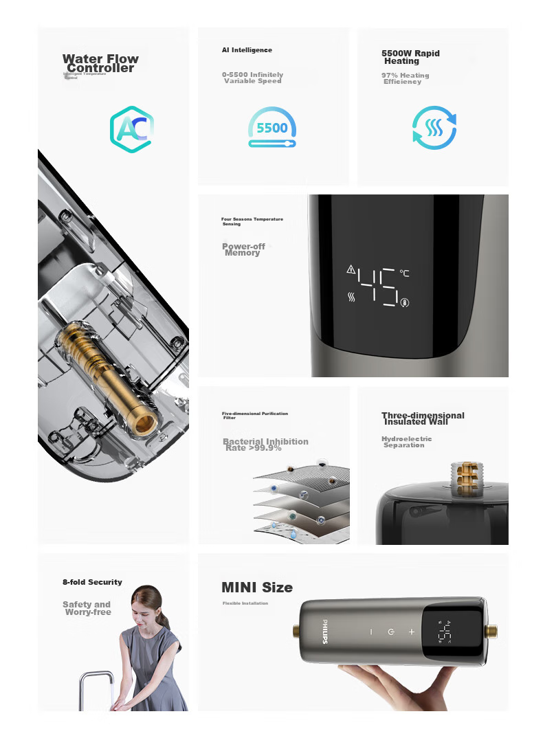 PHILIPS Instant Mini Kitchen Electric Water Heater, 5500W Intelligent Stepless Frequency Conversion, Instant Heating, Mini Vertical Kitchen Hot Water Tank, Subsidy 15%, AWH1065/93 3