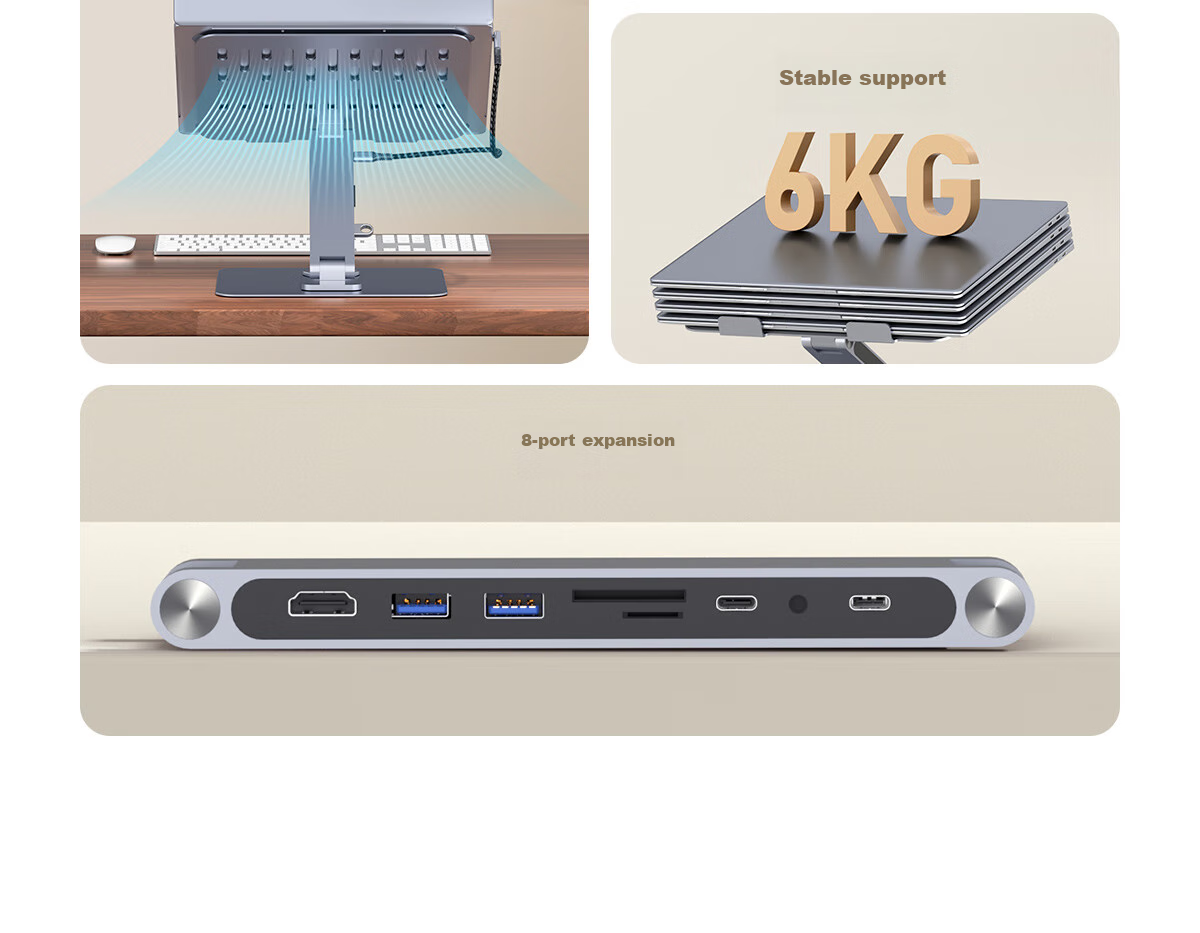 Hagibis Laptop Stand, Computer Hub Expansion, Height-Increasing Stand, Multi-Port HDMI Bracket, Cooling Suspended Stand, Adjustable Height, Foldable, Rotatable, Storage-Ready, Compatible with MacBook Accessories 5