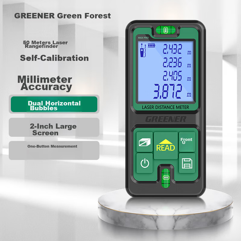 Лазерный дальномер GREENER 50м, с двумя пузырьковыми уровнями, электронная рулетка