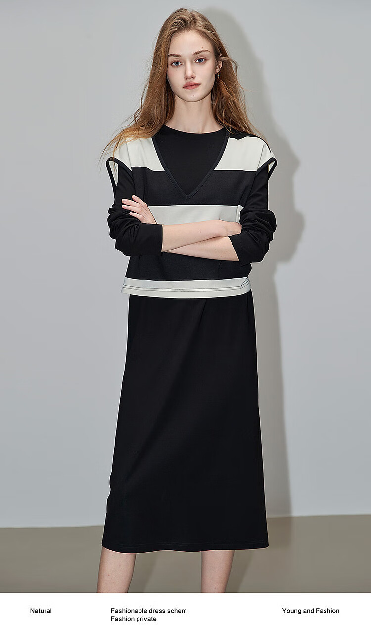 Dme [Laziness Casual Outfit] Spring And Autumn New Fashion Draping Roman Fabric Dress, Box-Shaped Striped Vest Two-Piece Set 2