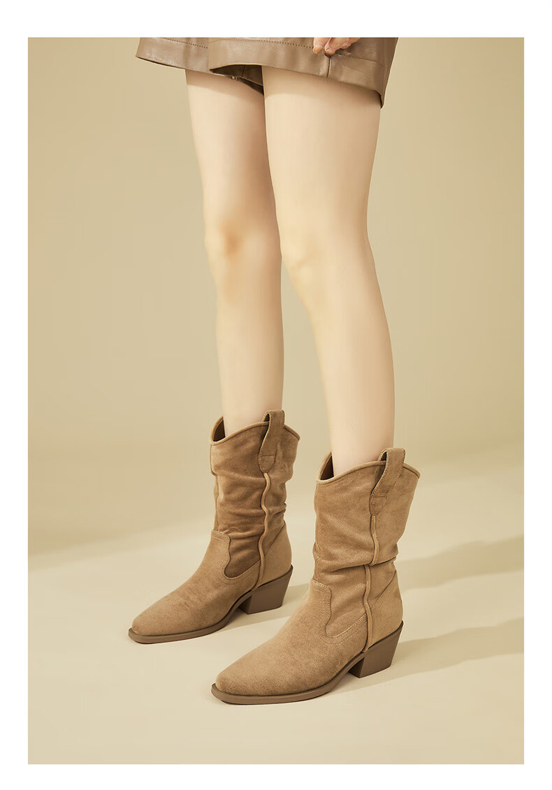 DAPHNE Pointed Toe Western Boots for Women with Fleece Lining, Chunky Heel, Versatile Retro Mid-Calf Boots, Khaki with Fleece Lining, Size 35 6