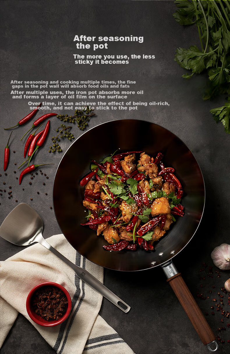 ZWILLING Iron Wok Stir-Fry Pan Flat Bottom Non-Coated Chinese-Style Compatible with Induction And Gas Stoves Dragon Iron Wok Dragon32cm 9