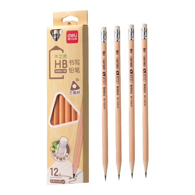 Deli 12 Pcs Wooden Pencils HB with Eraser Tip Triangular Shaft for Writing, Drawing, Sketching HC802-HB Student Back-To Stationery