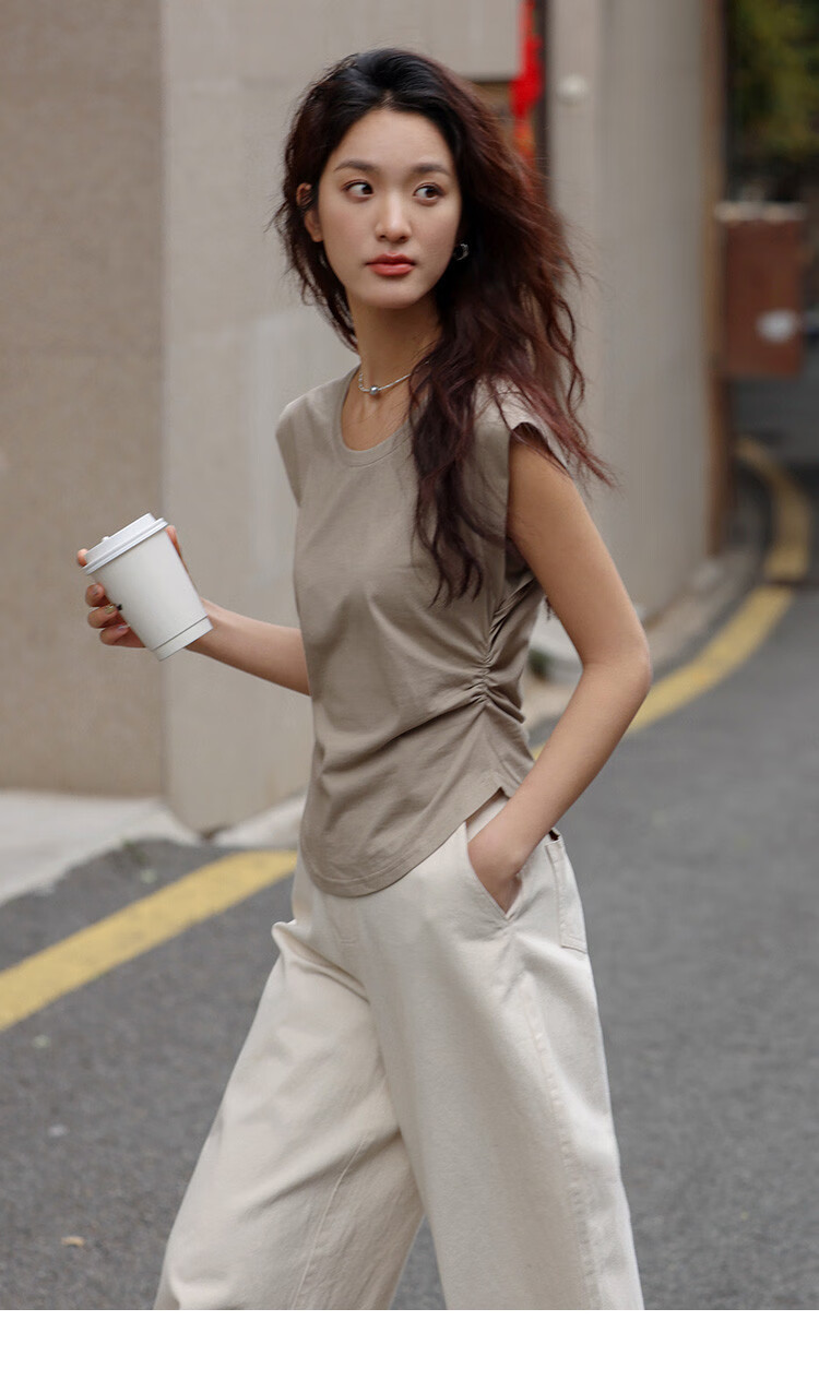 DME Sleeveless T-Shirt with U-Neck Design, Waist-Cinching, Comfortable, Slightly Hot, Slim-Fit Tee, Milk Coffee Color, Size S 8