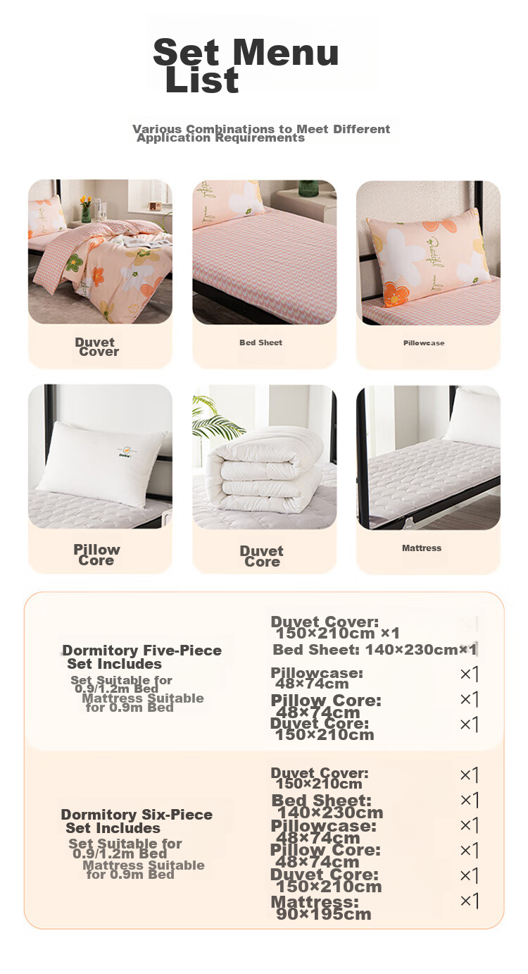 Dohia Home Textiles Student Dormitory Set of Six Pieces (All-Cotton Bedding Three-Piece Set + Quilt + Pillow Core + Mattress) Blanket 1