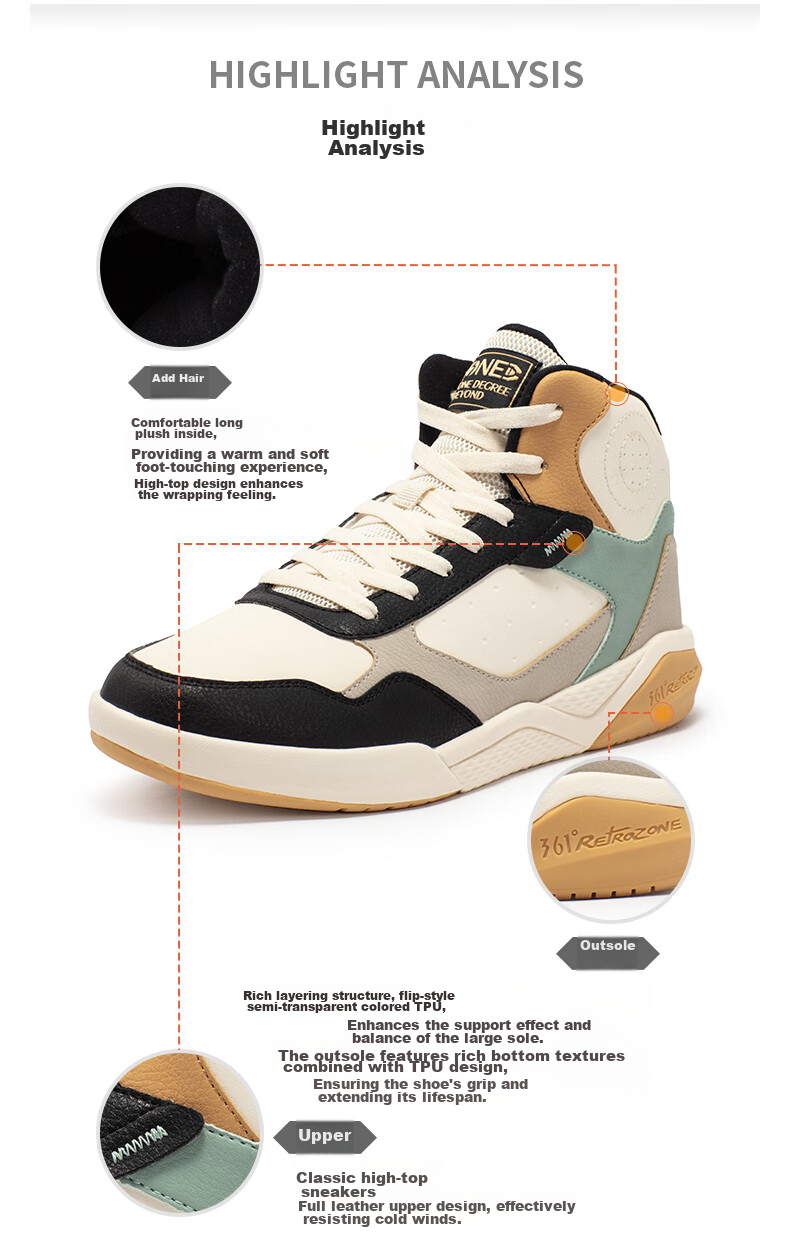 361° Men's Sports Shoes, Autumn And Winter High-Top Fleece-Lined Warm Cotton Shoes, Casual Sneakers for Men, 672146606A-8 49