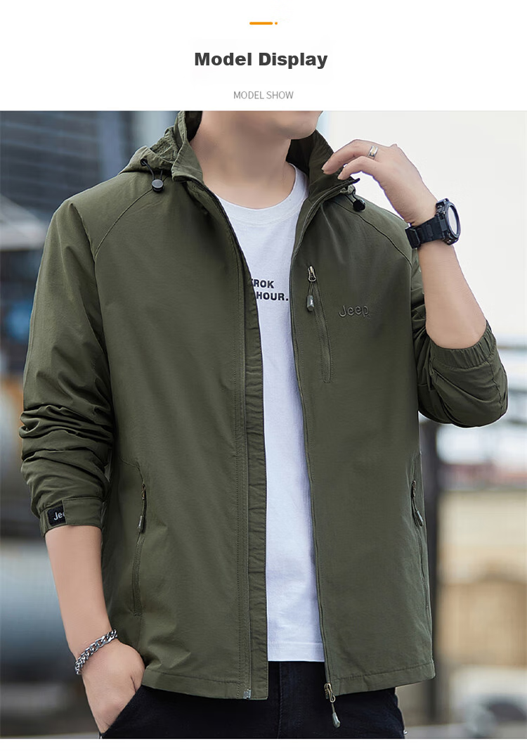 JEEP Men's Jacket, Spring And Autumn Loose-Fitting Hooded Trendy Casual Clothing, Army Green, Size L 14