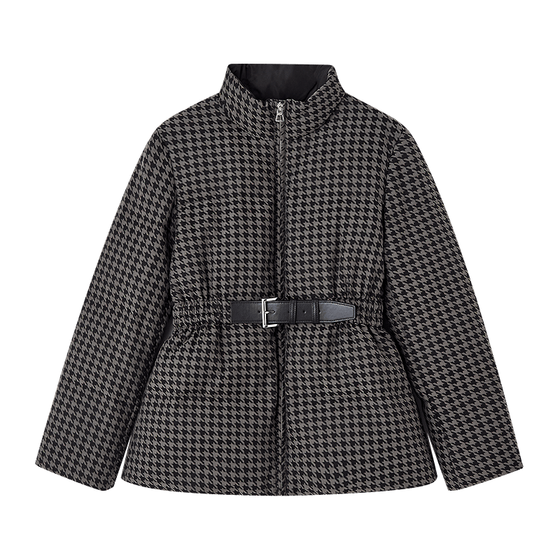 Dme [Northern Warm Oxygen Bar] Winter Small Stove 90% Duck Down Stand Collar PU Strap Waist Houndstooth Women's Down Jacket