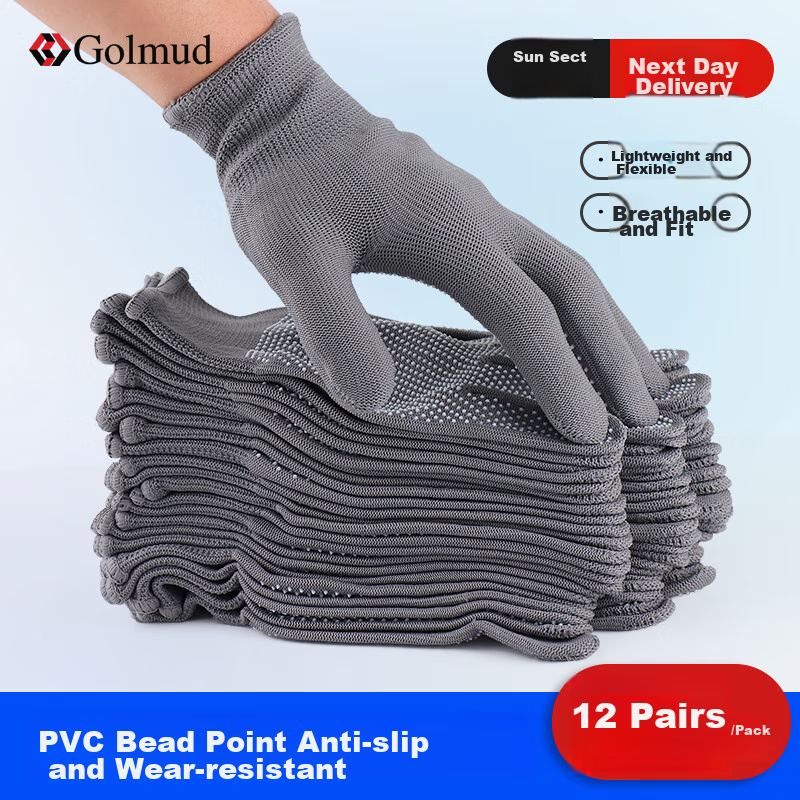 Geermu Dotted Work Gloves, 12 Pairs/pack, PVC Dotted Non-Slip, Breathable Thin Driving Gloves GM618