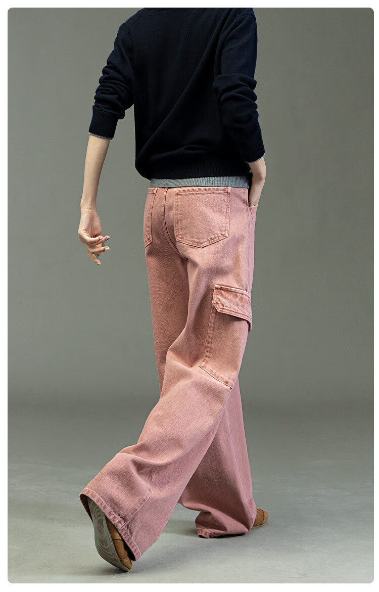 Dme [Sweet Cool Mountain Style] Spring And Autumn Asute-Dyed Nostalgic Multi-Pocket Wide-Leg Cargo Pants for Women, Denim Jeans 8