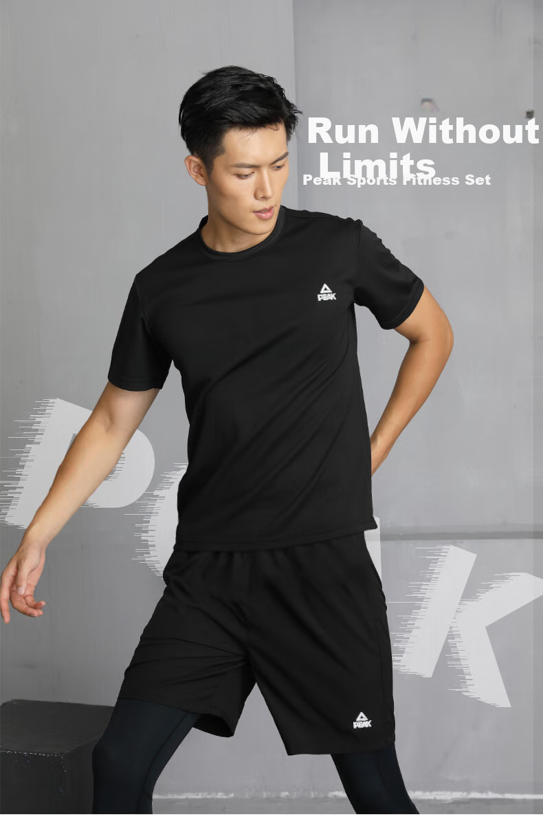 PEAK Badminton Outfit for Men, Sports Set, Quick-Drying, Sweat-Wicking, Breathable, Elastic Fitness Training Two-Piece Set, Black YS81306 (Short Sleeve + Shorts), Black, 2XL 1