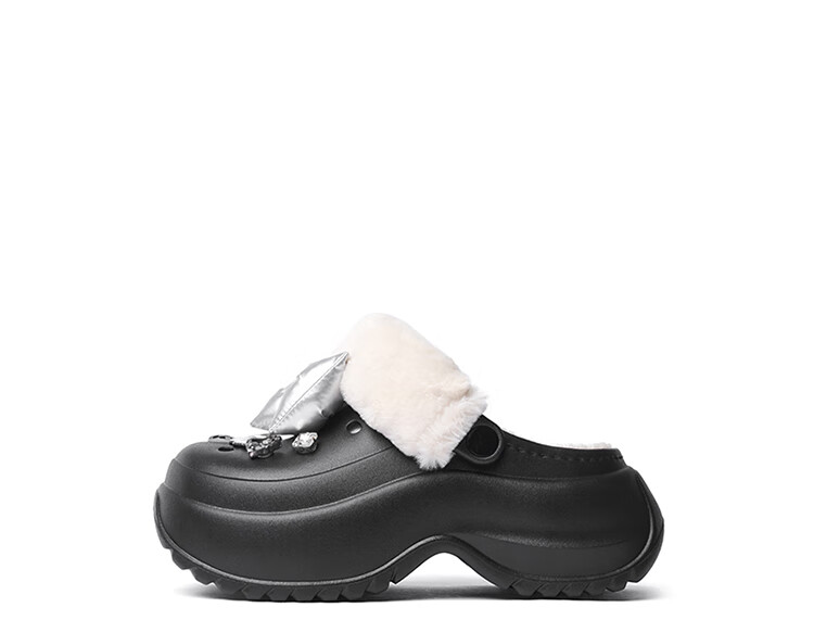 Josiny Fleece-Lined Perforated Shoes for Women, Thick-Soled Winter Warm Outdoor Cute Fluffy Cotton Slippers, Black, Size 40 20
